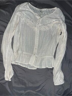 American Eagle Outfitters White Eyelet Peplum Button-Front Blouse